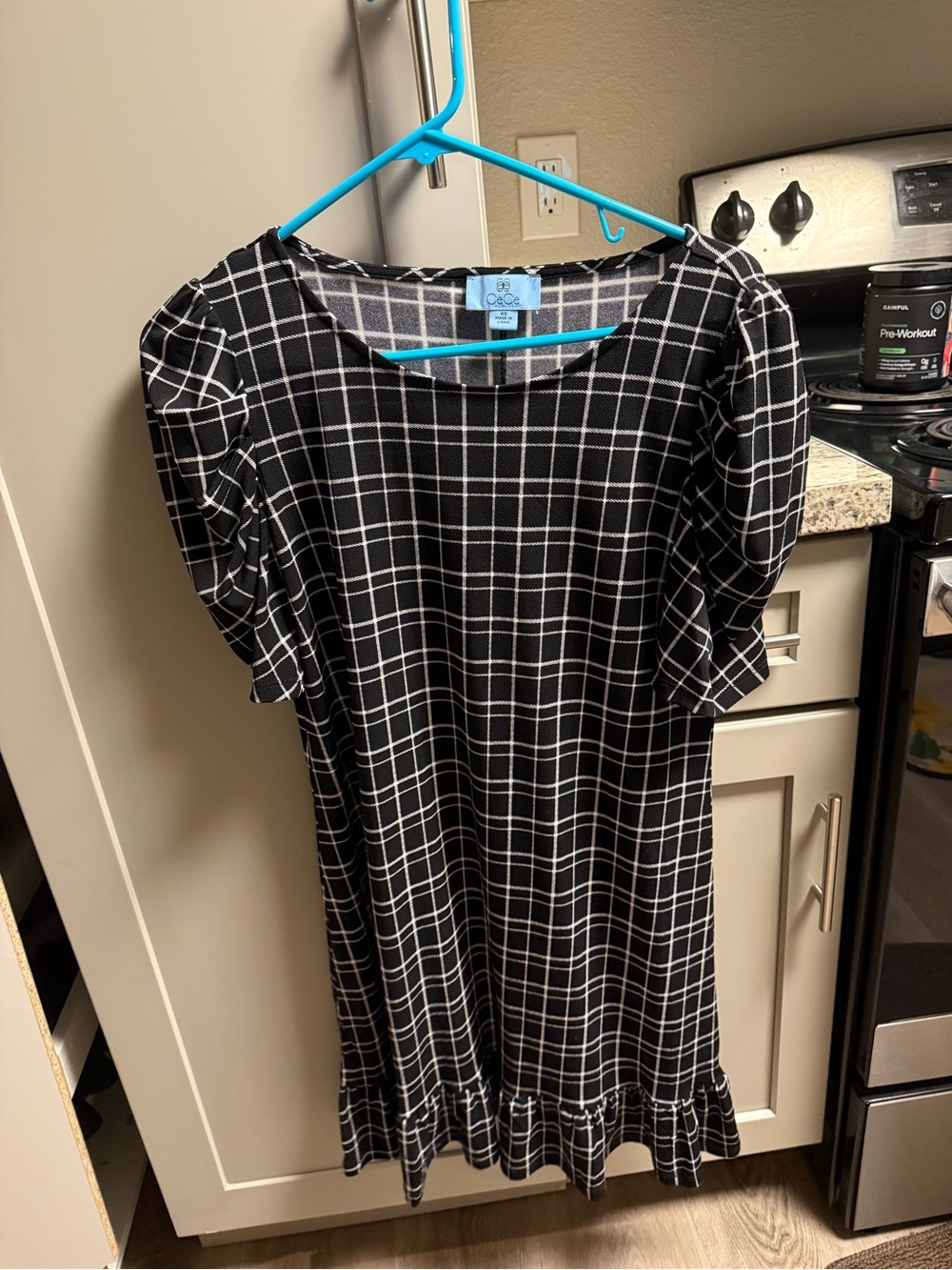 CeCe Black and White Windowpane Shift Dress with Ruffle Hem